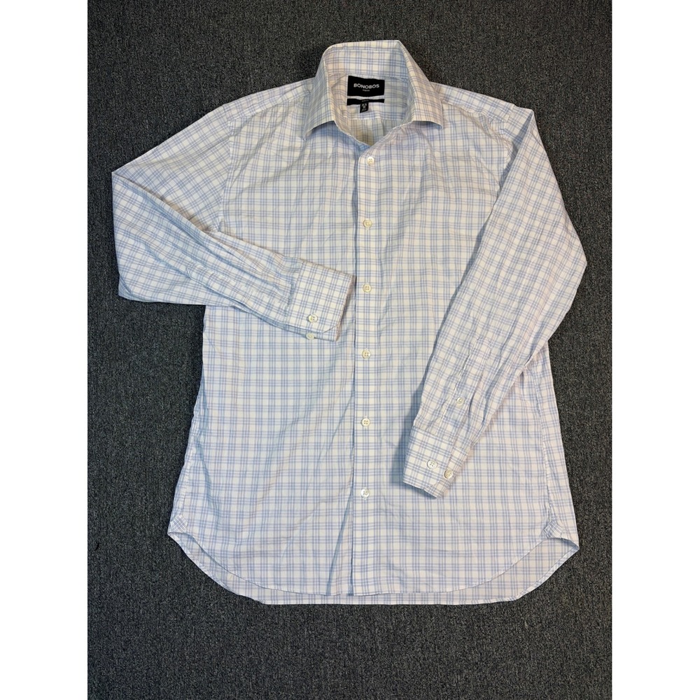 Bonobos Stretch Dress Shirt Mens 15.5 33 Slim Fit Blue White Plaid Button Down